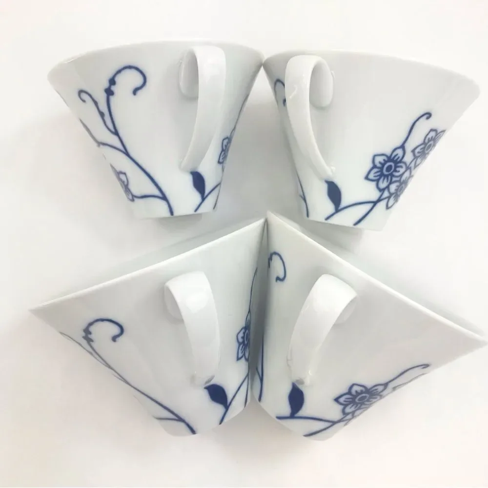 Crate & Barrel CAMILLE White Blue Floral Set of Four Porcelain Tea Coffee Mugs